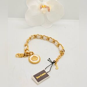 NWT Juicy Couture Gold Tone White Leather Charm Bracelet 7” Length